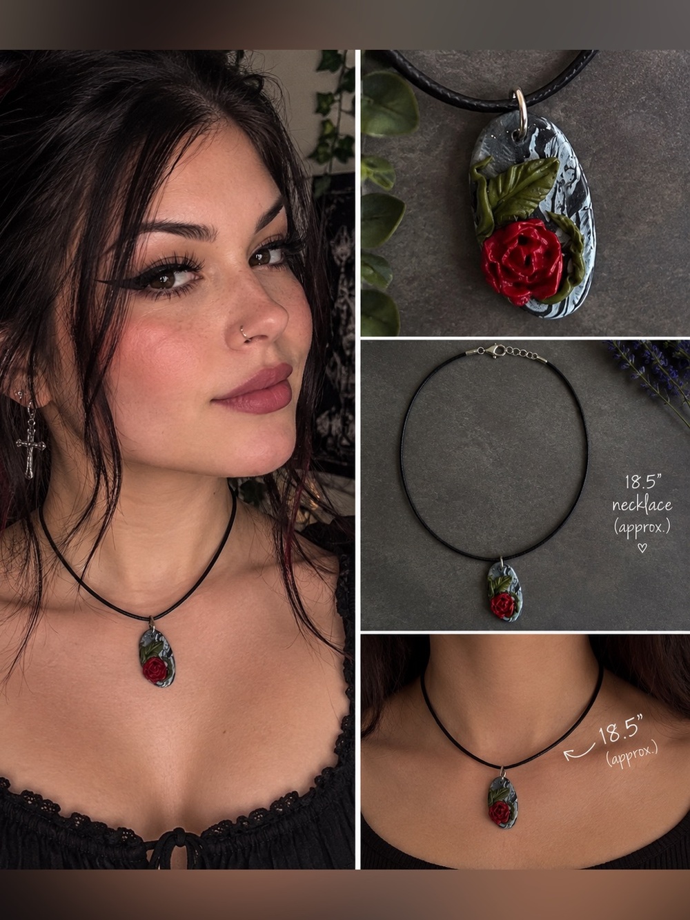 Handcrafted Red Rose Pendant Necklace - Women's Jewelry polymer Clay tie-dye